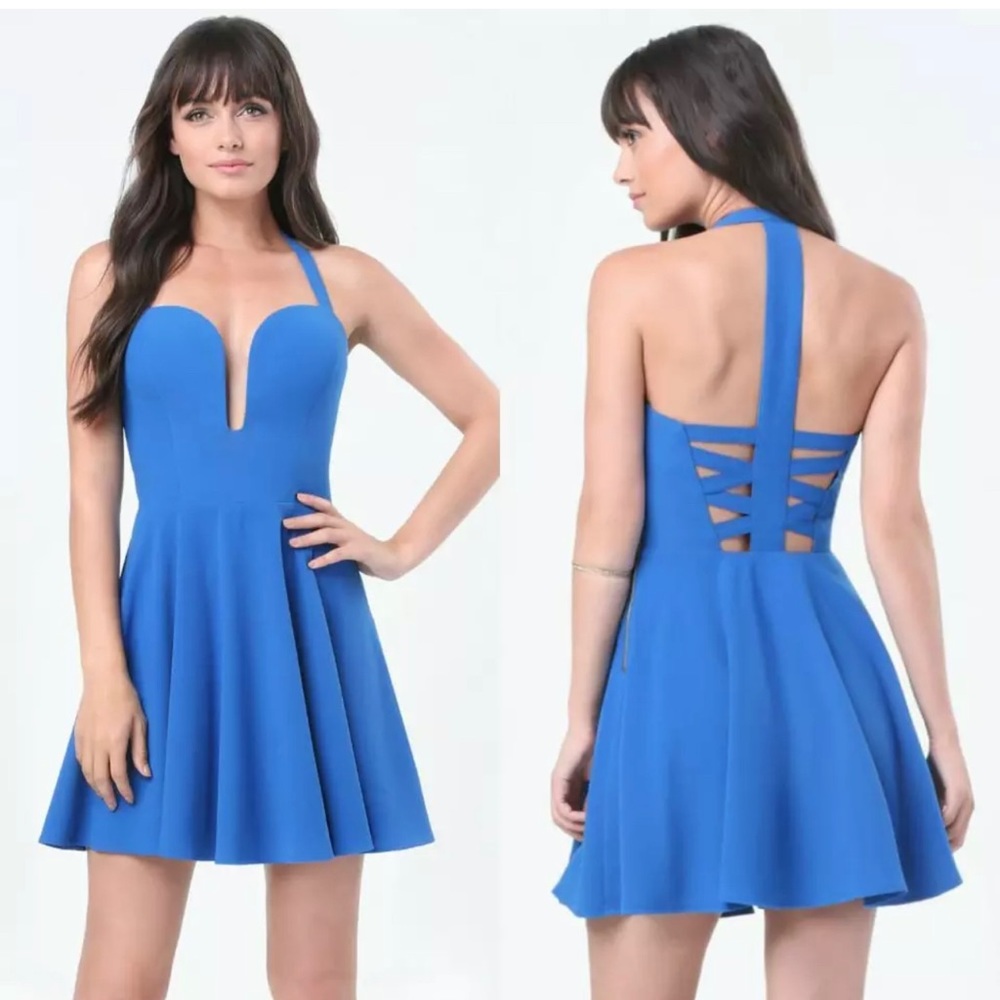 BEBE BLUE HALTER BACK CRISSCROSS DRESS NWT NEW $129 00 0 2 4 6 10